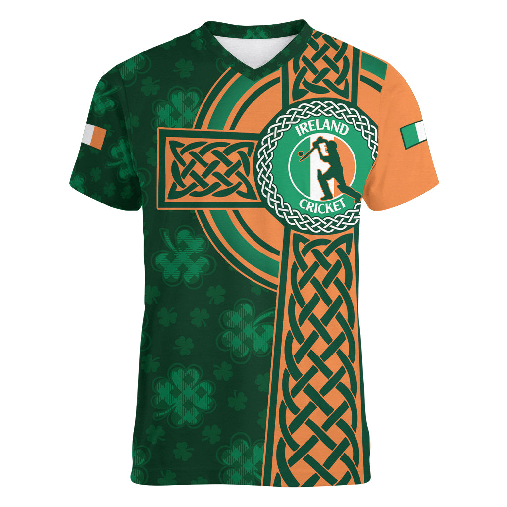 Custom Ireland Cricket Women V-Neck T-Shirt 2024 Celtic Shamrock Go Champions - Wonder Print Shop