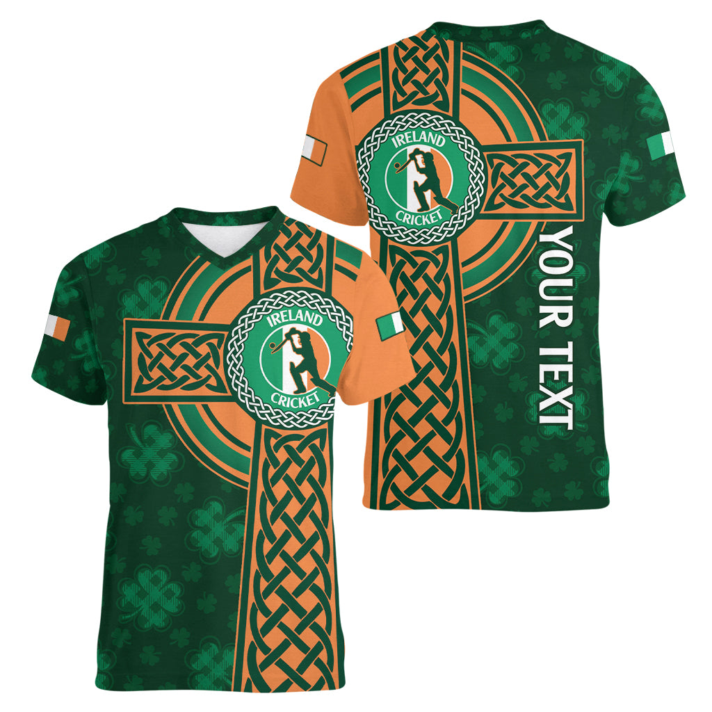 Custom Ireland Cricket Women V-Neck T-Shirt 2024 Celtic Shamrock Go Champions - Wonder Print Shop
