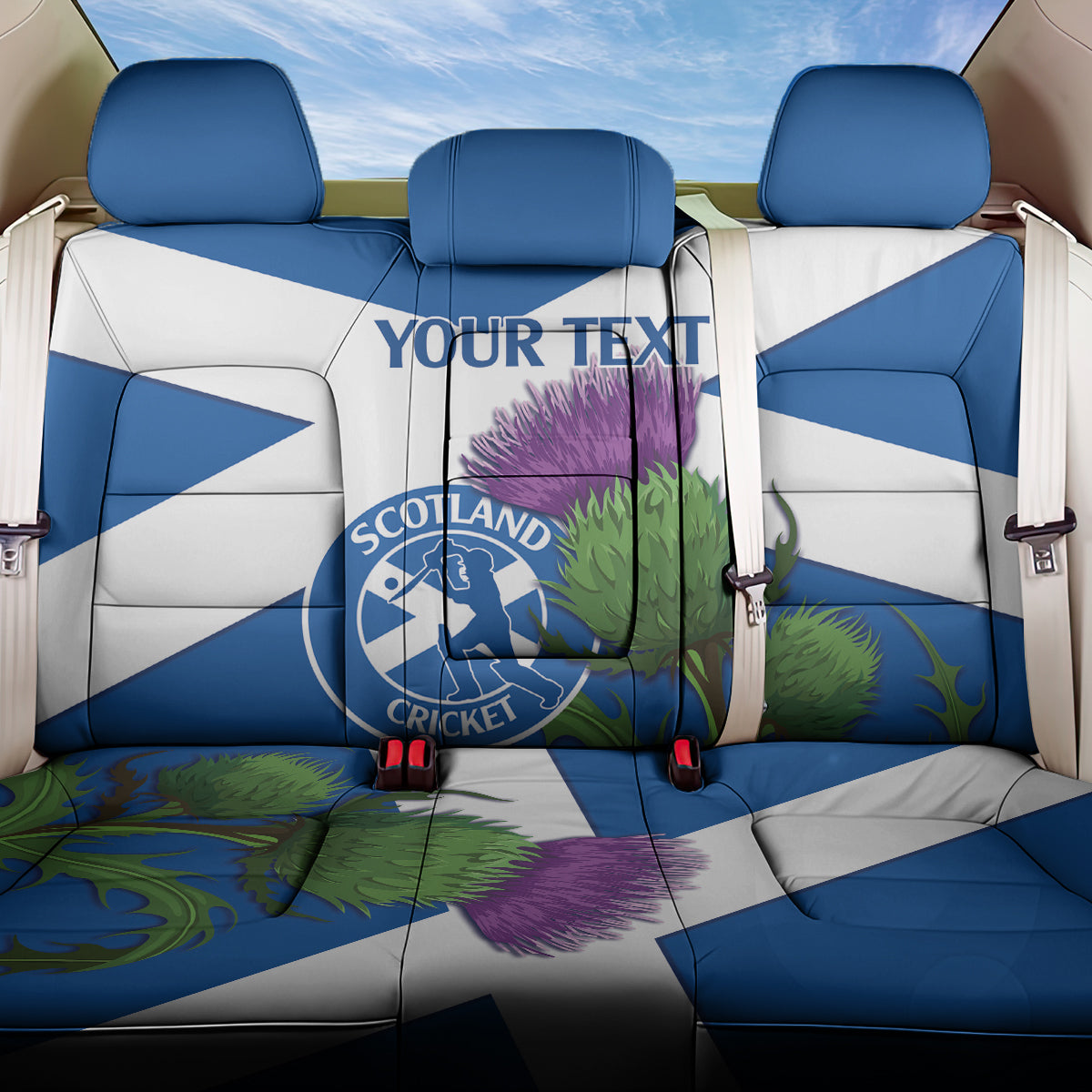 Custom Scotland Cricket Back Car Seat Cover 2024 Scottish Thistle Flag Style - Wonder Print Shop
