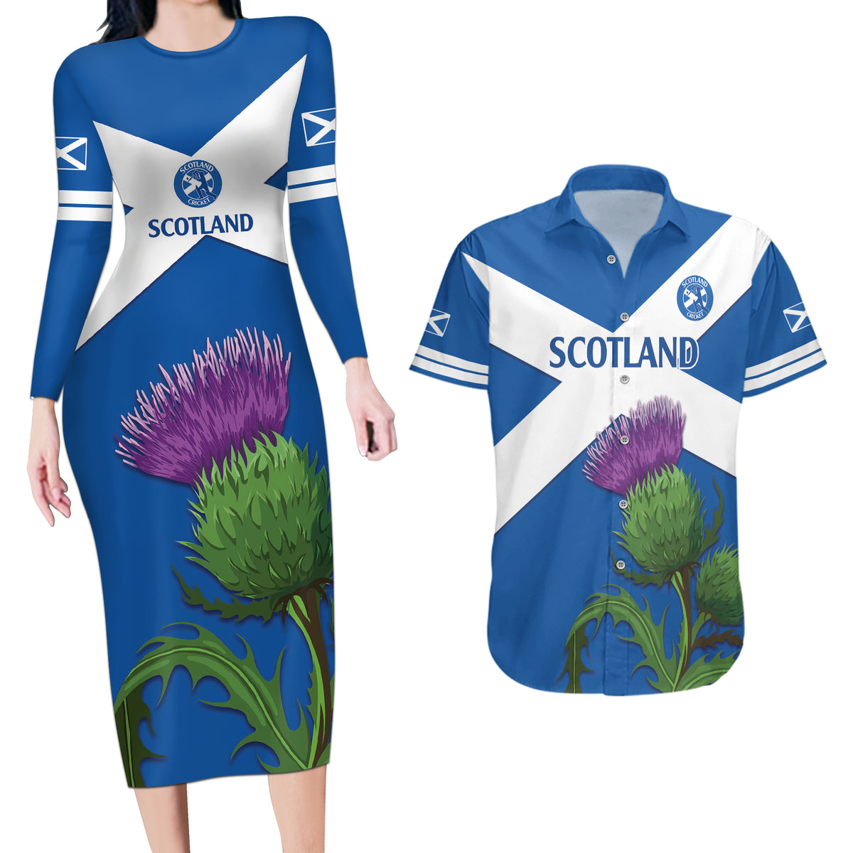Custom Scotland Cricket Couples Matching Long Sleeve Bodycon Dress and Hawaiian Shirt 2024 Scottish Thistle Flag Style - Wonder Print Shop