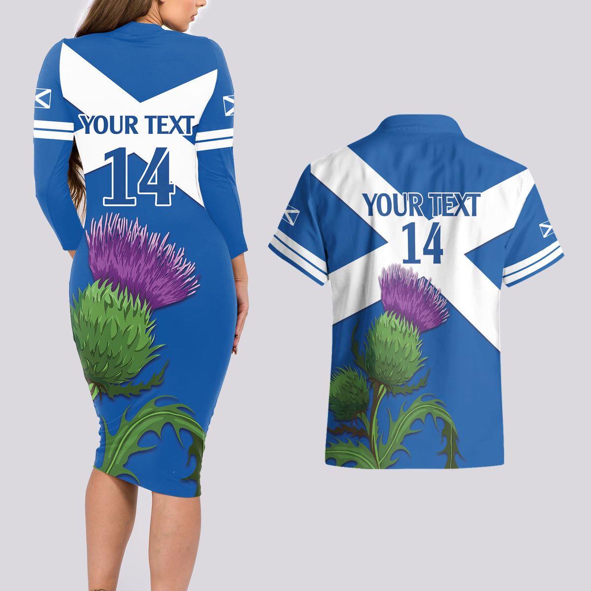 Custom Scotland Cricket Couples Matching Long Sleeve Bodycon Dress and Hawaiian Shirt 2024 Scottish Thistle Flag Style - Wonder Print Shop
