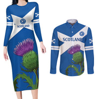 Custom Scotland Cricket Couples Matching Long Sleeve Bodycon Dress and Long Sleeve Button Shirt 2024 Scottish Thistle Flag Style - Wonder Print Shop