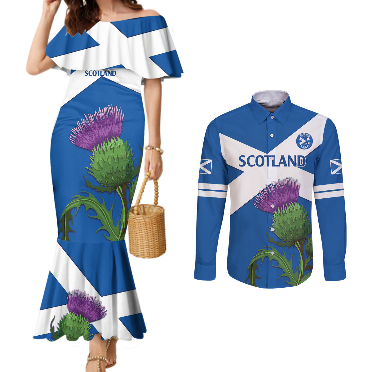 Custom Scotland Cricket Couples Matching Mermaid Dress and Long Sleeve Button Shirt 2024 Scottish Thistle Flag Style