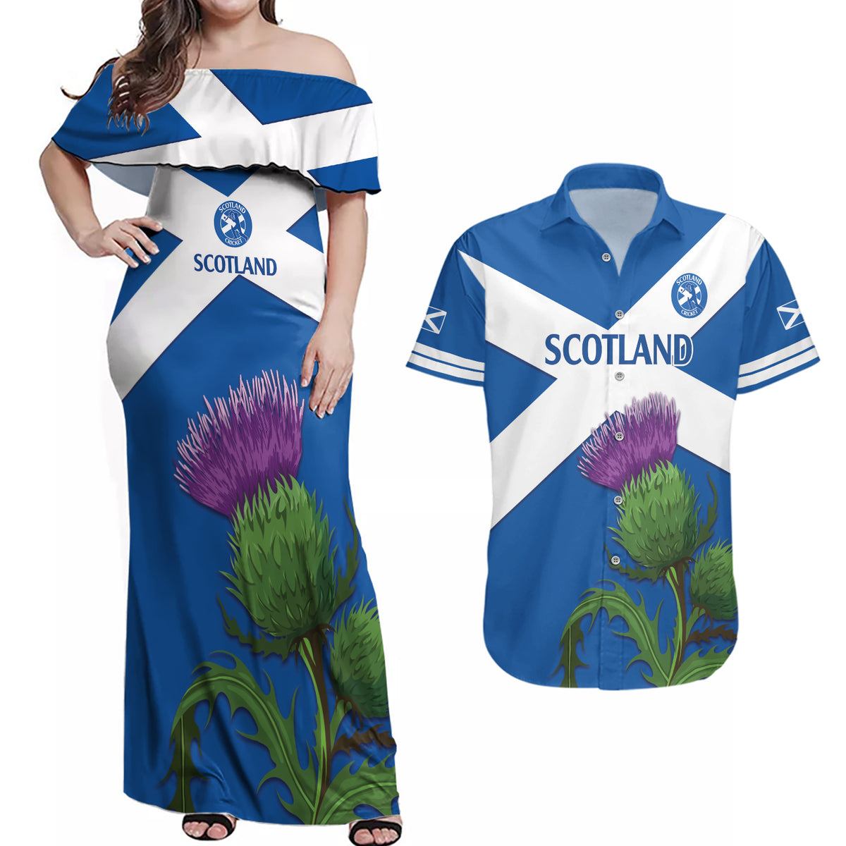 Custom Scotland Cricket Couples Matching Off Shoulder Maxi Dress and Hawaiian Shirt 2024 Scottish Thistle Flag Style - Wonder Print Shop