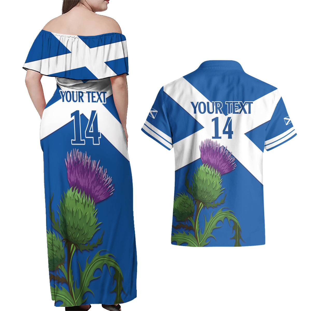 Custom Scotland Cricket Couples Matching Off Shoulder Maxi Dress and Hawaiian Shirt 2024 Scottish Thistle Flag Style - Wonder Print Shop