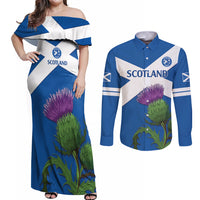 Custom Scotland Cricket Couples Matching Off Shoulder Maxi Dress and Long Sleeve Button Shirt 2024 Scottish Thistle Flag Style - Wonder Print Shop