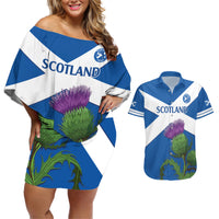 Custom Scotland Cricket Couples Matching Off Shoulder Short Dress and Hawaiian Shirt 2024 Scottish Thistle Flag Style - Wonder Print Shop
