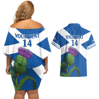 Custom Scotland Cricket Couples Matching Off Shoulder Short Dress and Hawaiian Shirt 2024 Scottish Thistle Flag Style - Wonder Print Shop