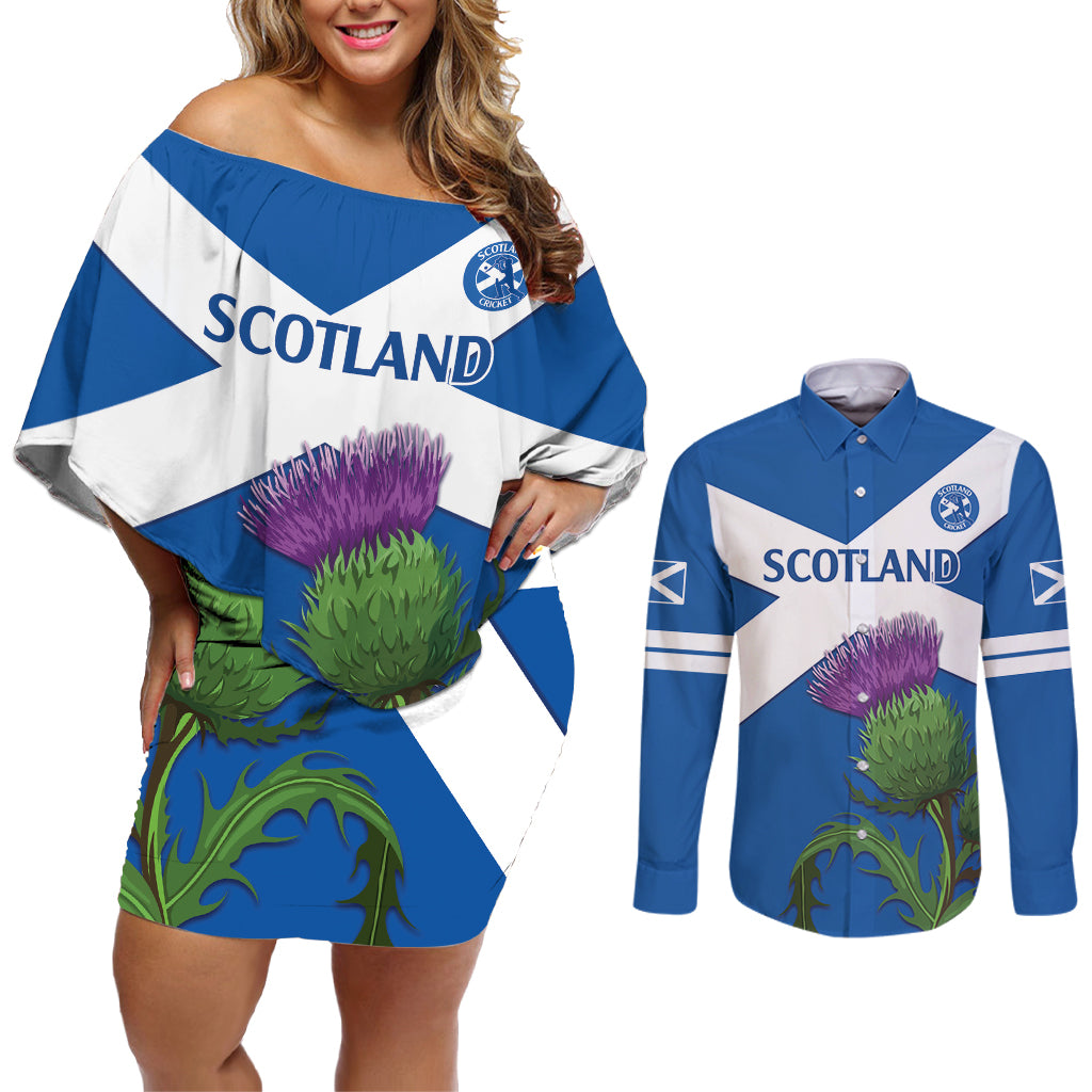 Custom Scotland Cricket Couples Matching Off Shoulder Short Dress and Long Sleeve Button Shirt 2024 Scottish Thistle Flag Style - Wonder Print Shop