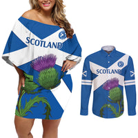 Custom Scotland Cricket Couples Matching Off Shoulder Short Dress and Long Sleeve Button Shirt 2024 Scottish Thistle Flag Style - Wonder Print Shop