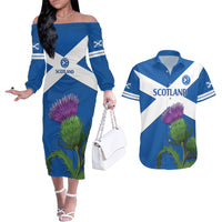 Custom Scotland Cricket Couples Matching Off The Shoulder Long Sleeve Dress and Hawaiian Shirt 2024 Scottish Thistle Flag Style - Wonder Print Shop