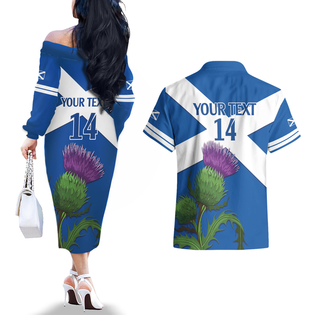 Custom Scotland Cricket Couples Matching Off The Shoulder Long Sleeve Dress and Hawaiian Shirt 2024 Scottish Thistle Flag Style - Wonder Print Shop