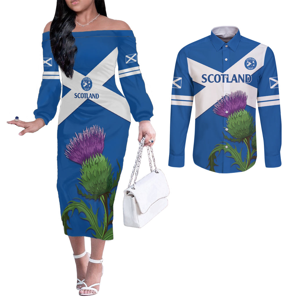 Custom Scotland Cricket Couples Matching Off The Shoulder Long Sleeve Dress and Long Sleeve Button Shirt 2024 Scottish Thistle Flag Style