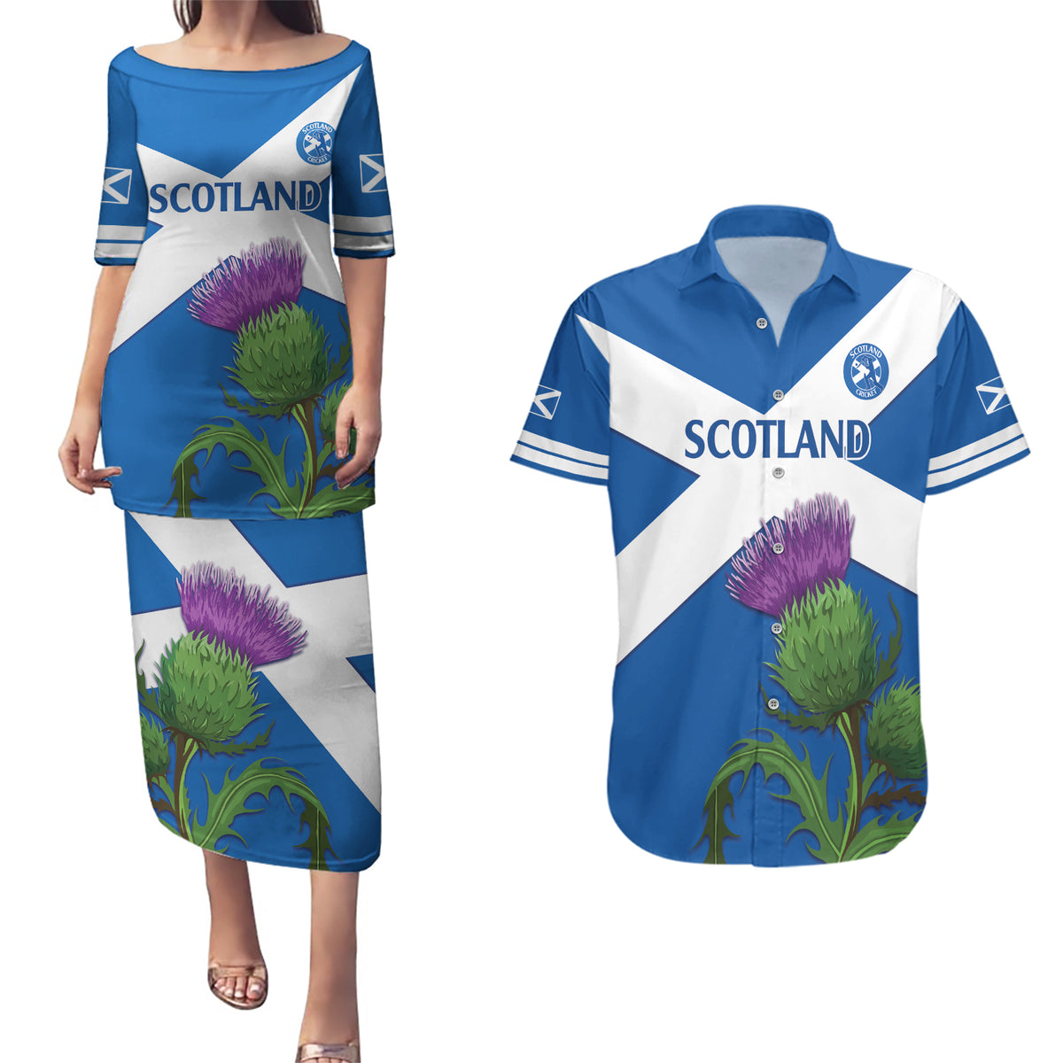 Custom Scotland Cricket Couples Matching Puletasi and Hawaiian Shirt 2024 Scottish Thistle Flag Style - Wonder Print Shop