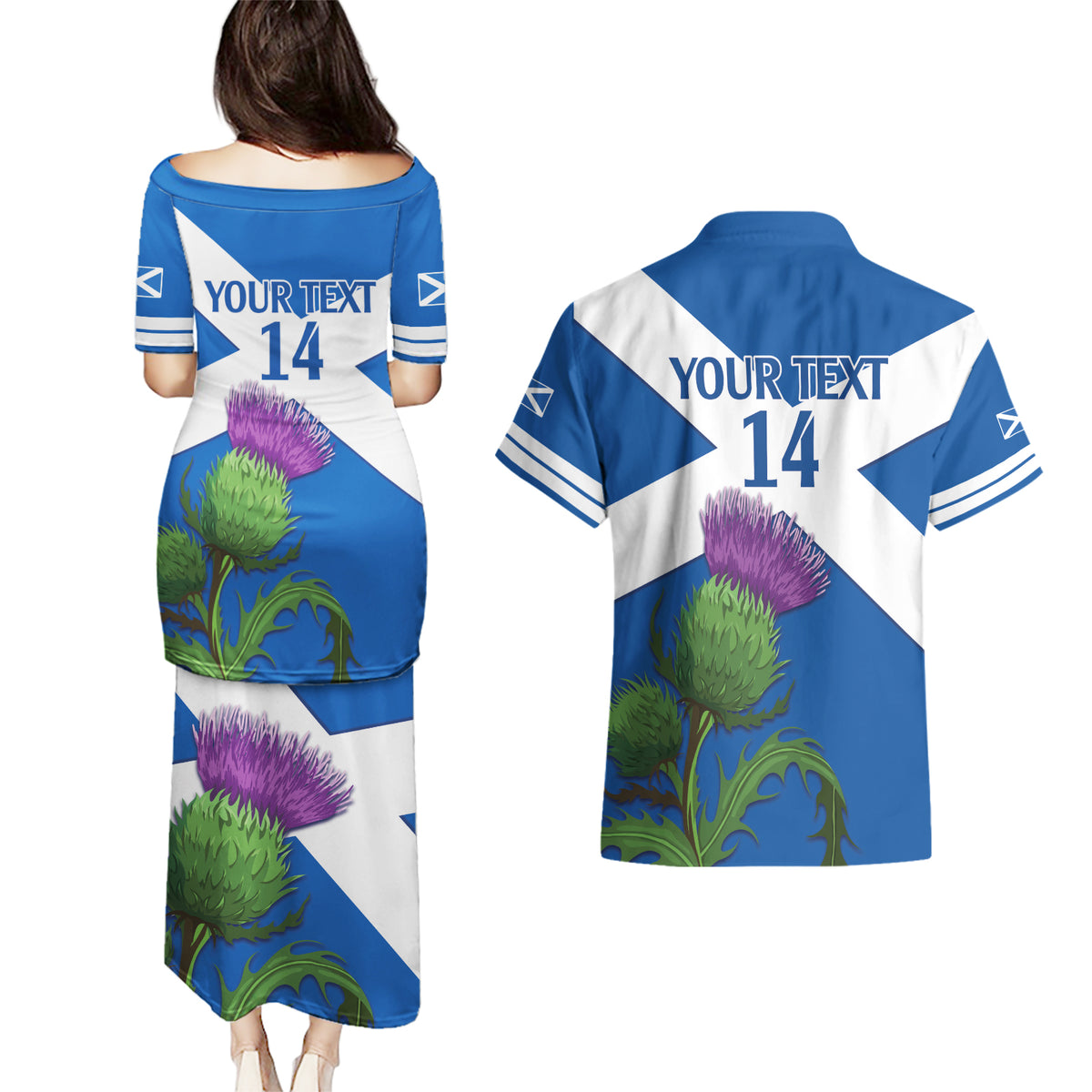 Custom Scotland Cricket Couples Matching Puletasi and Hawaiian Shirt 2024 Scottish Thistle Flag Style - Wonder Print Shop