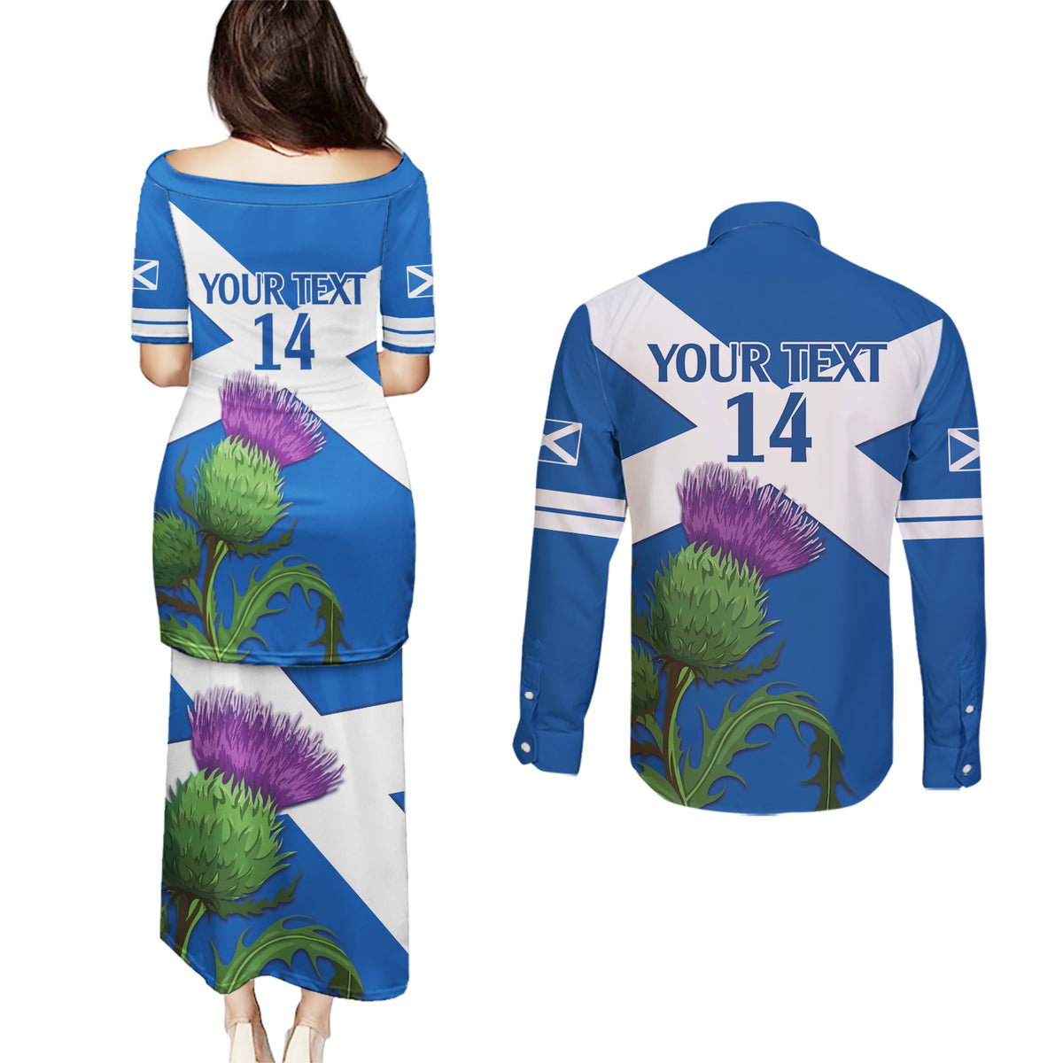 Custom Scotland Cricket Couples Matching Puletasi and Long Sleeve Button Shirt 2024 Scottish Thistle Flag Style - Wonder Print Shop