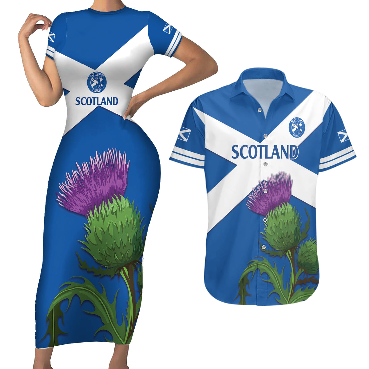 Custom Scotland Cricket Couples Matching Short Sleeve Bodycon Dress and Hawaiian Shirt 2024 Scottish Thistle Flag Style - Wonder Print Shop