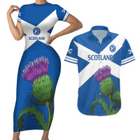 Custom Scotland Cricket Couples Matching Short Sleeve Bodycon Dress and Hawaiian Shirt 2024 Scottish Thistle Flag Style - Wonder Print Shop