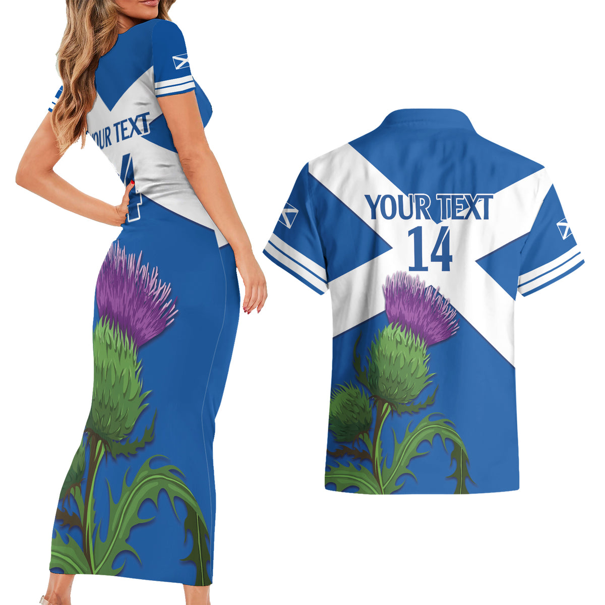 Custom Scotland Cricket Couples Matching Short Sleeve Bodycon Dress and Hawaiian Shirt 2024 Scottish Thistle Flag Style - Wonder Print Shop