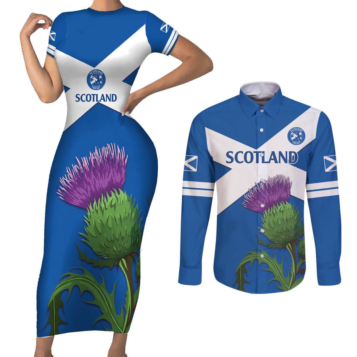 Custom Scotland Cricket Couples Matching Short Sleeve Bodycon Dress and Long Sleeve Button Shirt 2024 Scottish Thistle Flag Style - Wonder Print Shop