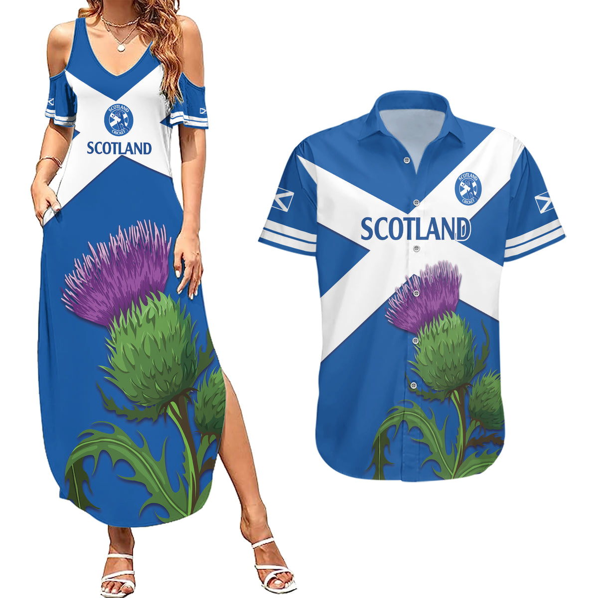 Custom Scotland Cricket Couples Matching Summer Maxi Dress and Hawaiian Shirt 2024 Scottish Thistle Flag Style - Wonder Print Shop