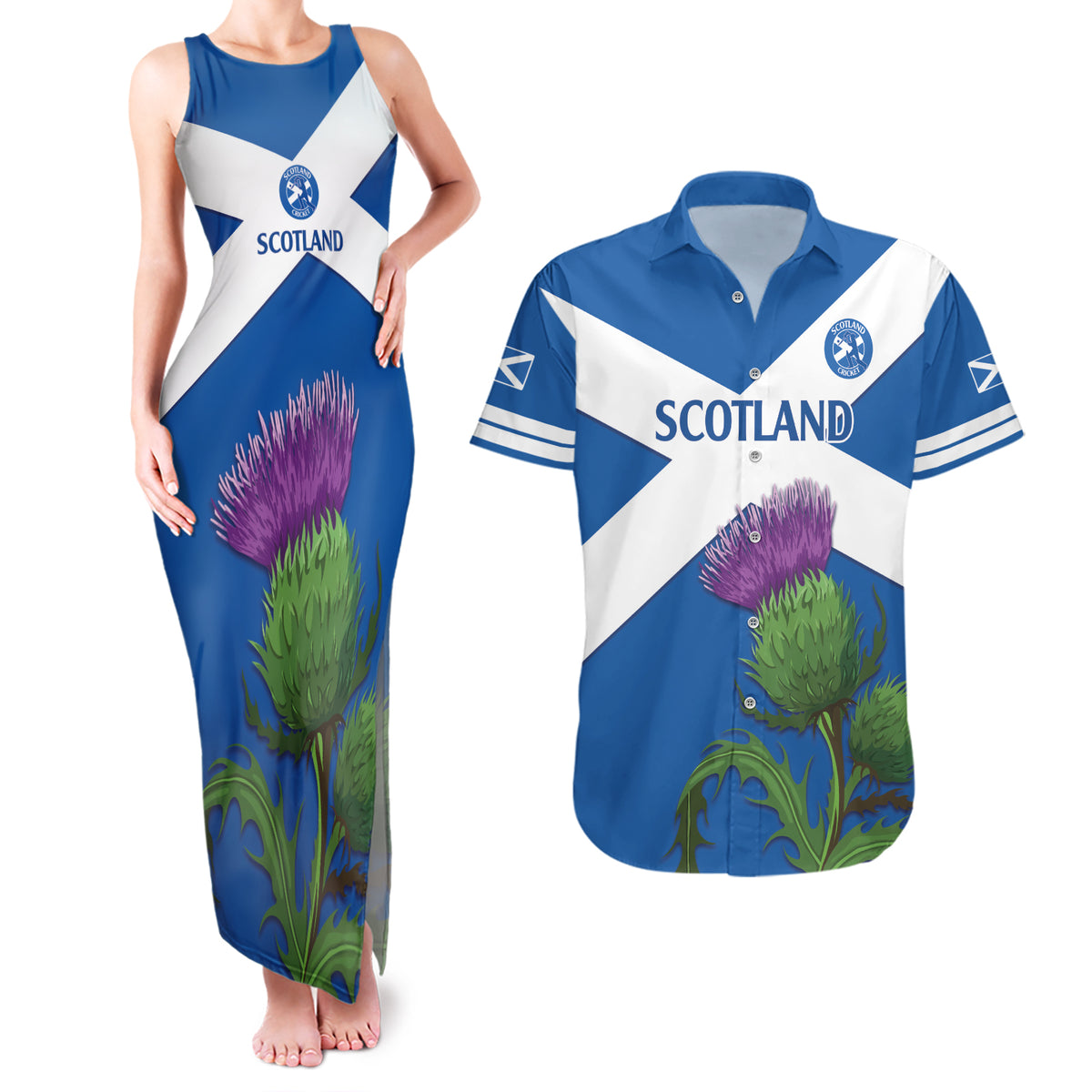 Custom Scotland Cricket Couples Matching Tank Maxi Dress and Hawaiian Shirt 2024 Scottish Thistle Flag Style - Wonder Print Shop