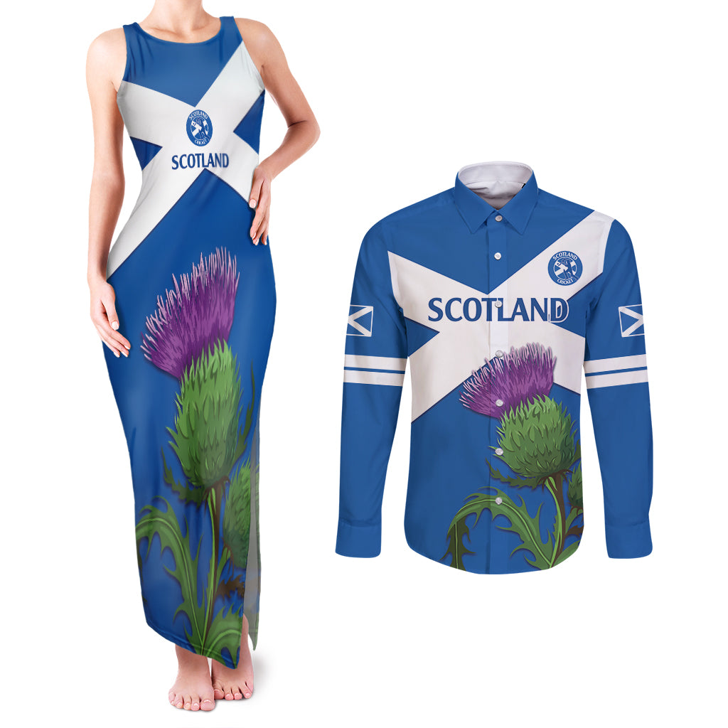 Custom Scotland Cricket Couples Matching Tank Maxi Dress and Long Sleeve Button Shirt 2024 Scottish Thistle Flag Style - Wonder Print Shop