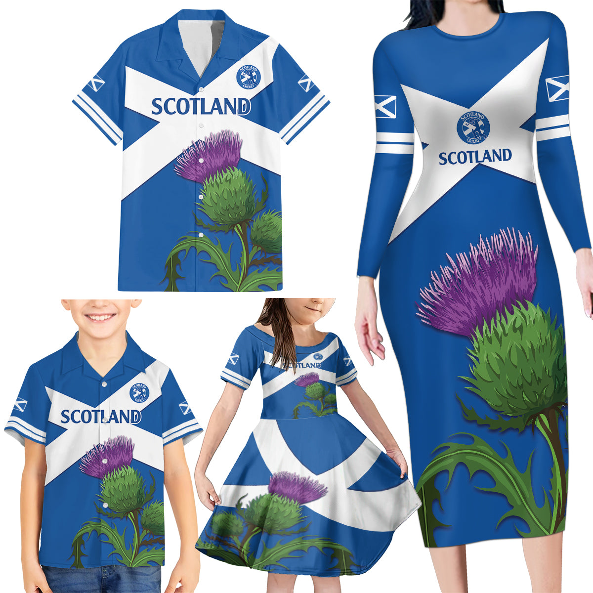 Custom Scotland Cricket Family Matching Long Sleeve Bodycon Dress and Hawaiian Shirt 2024 Scottish Thistle Flag Style - Wonder Print Shop