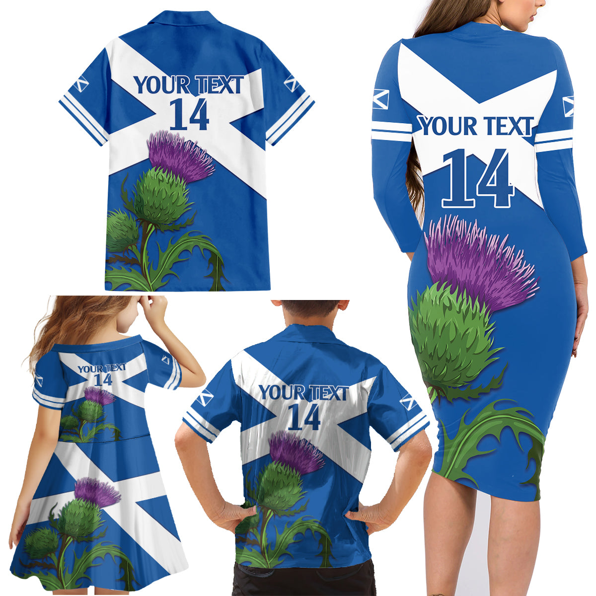 Custom Scotland Cricket Family Matching Long Sleeve Bodycon Dress and Hawaiian Shirt 2024 Scottish Thistle Flag Style - Wonder Print Shop