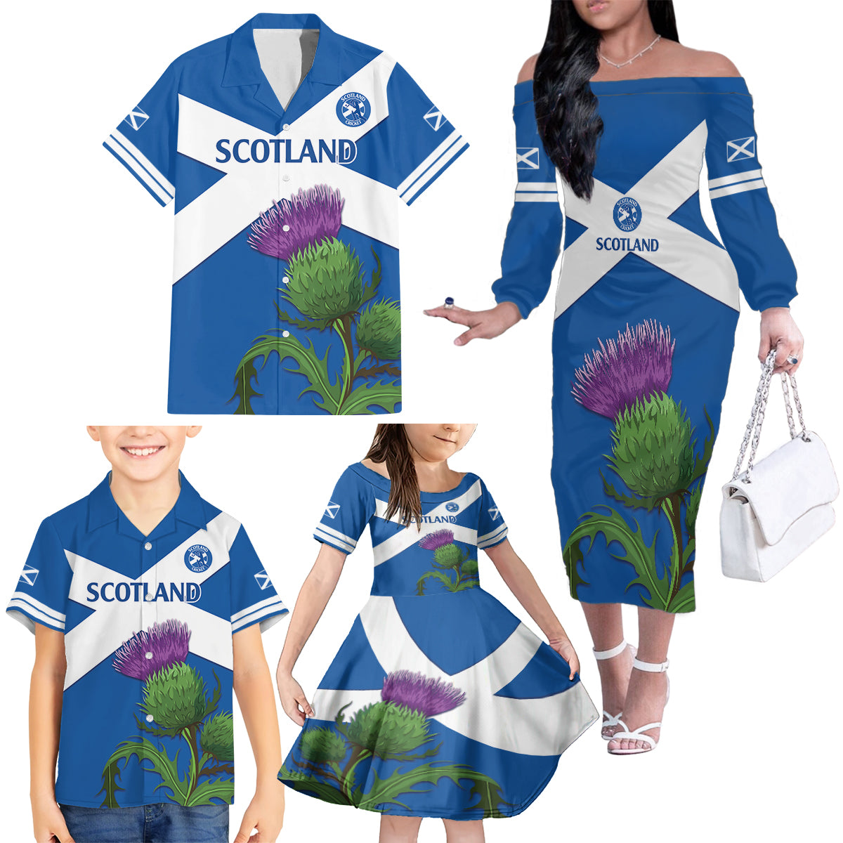 Custom Scotland Cricket Family Matching Off The Shoulder Long Sleeve Dress and Hawaiian Shirt 2024 Scottish Thistle Flag Style - Wonder Print Shop