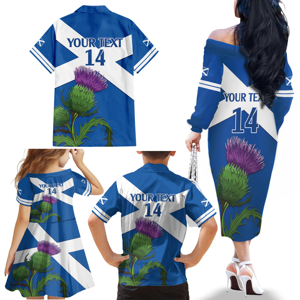 Custom Scotland Cricket Family Matching Off The Shoulder Long Sleeve Dress and Hawaiian Shirt 2024 Scottish Thistle Flag Style - Wonder Print Shop