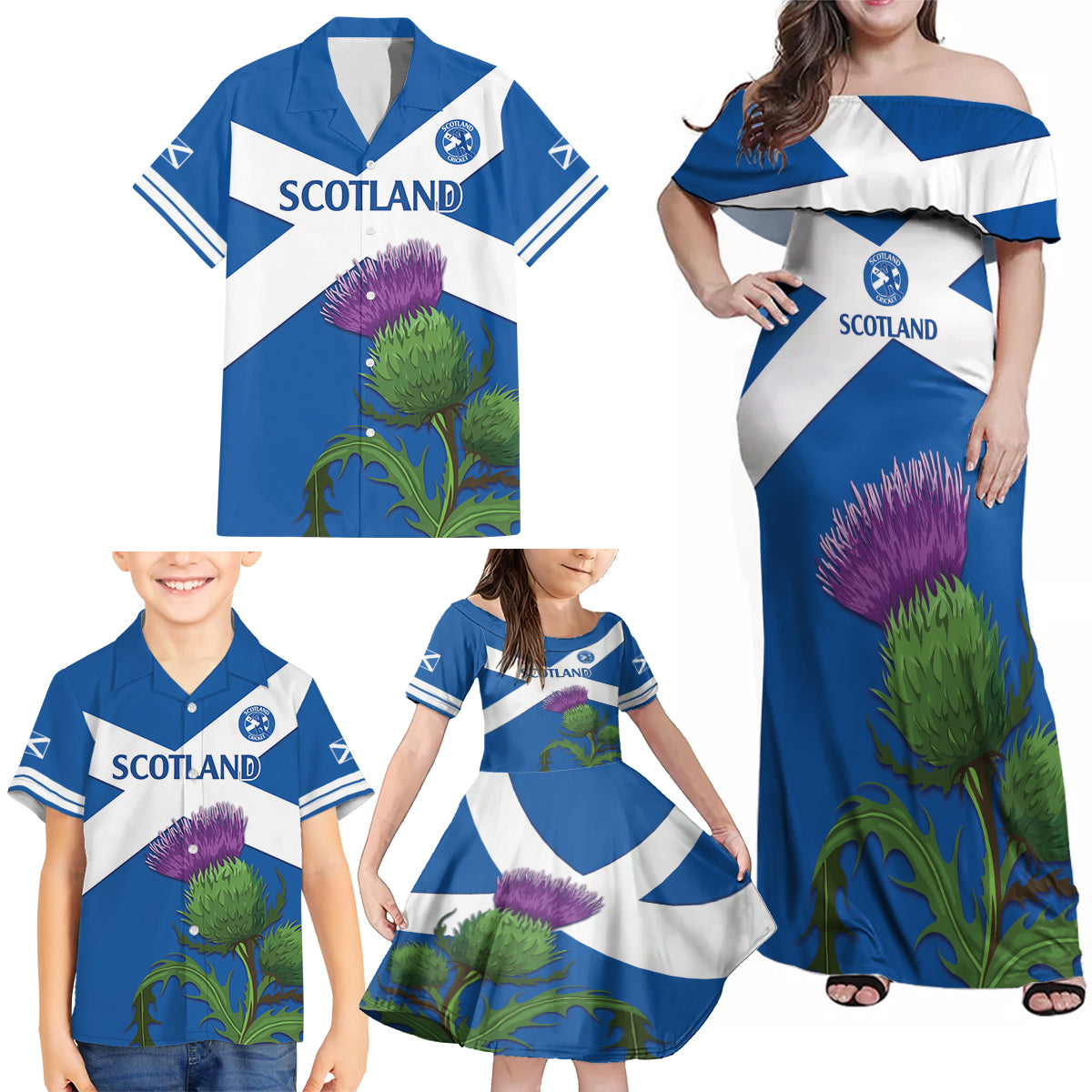 Custom Scotland Cricket Family Matching Off Shoulder Maxi Dress and Hawaiian Shirt 2024 Scottish Thistle Flag Style - Wonder Print Shop