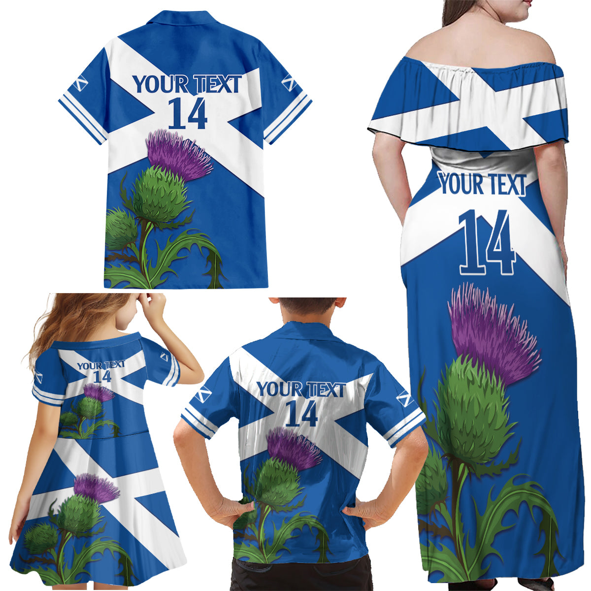 Custom Scotland Cricket Family Matching Off Shoulder Maxi Dress and Hawaiian Shirt 2024 Scottish Thistle Flag Style - Wonder Print Shop