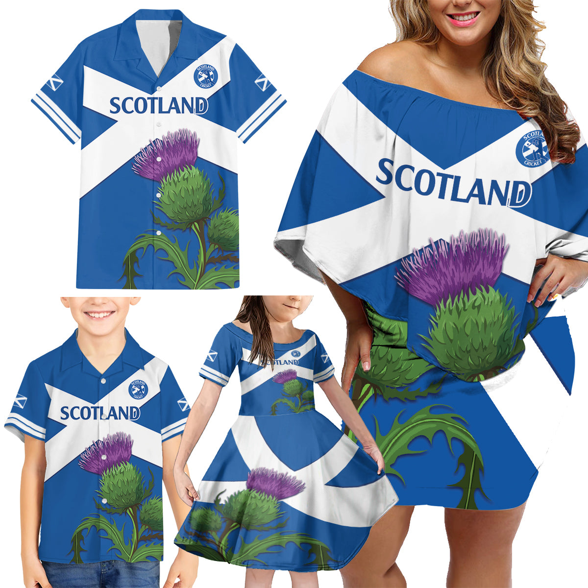 Custom Scotland Cricket Family Matching Off Shoulder Short Dress and Hawaiian Shirt 2024 Scottish Thistle Flag Style - Wonder Print Shop