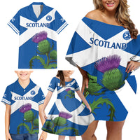 Custom Scotland Cricket Family Matching Off Shoulder Short Dress and Hawaiian Shirt 2024 Scottish Thistle Flag Style - Wonder Print Shop