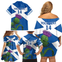 Custom Scotland Cricket Family Matching Off Shoulder Short Dress and Hawaiian Shirt 2024 Scottish Thistle Flag Style - Wonder Print Shop