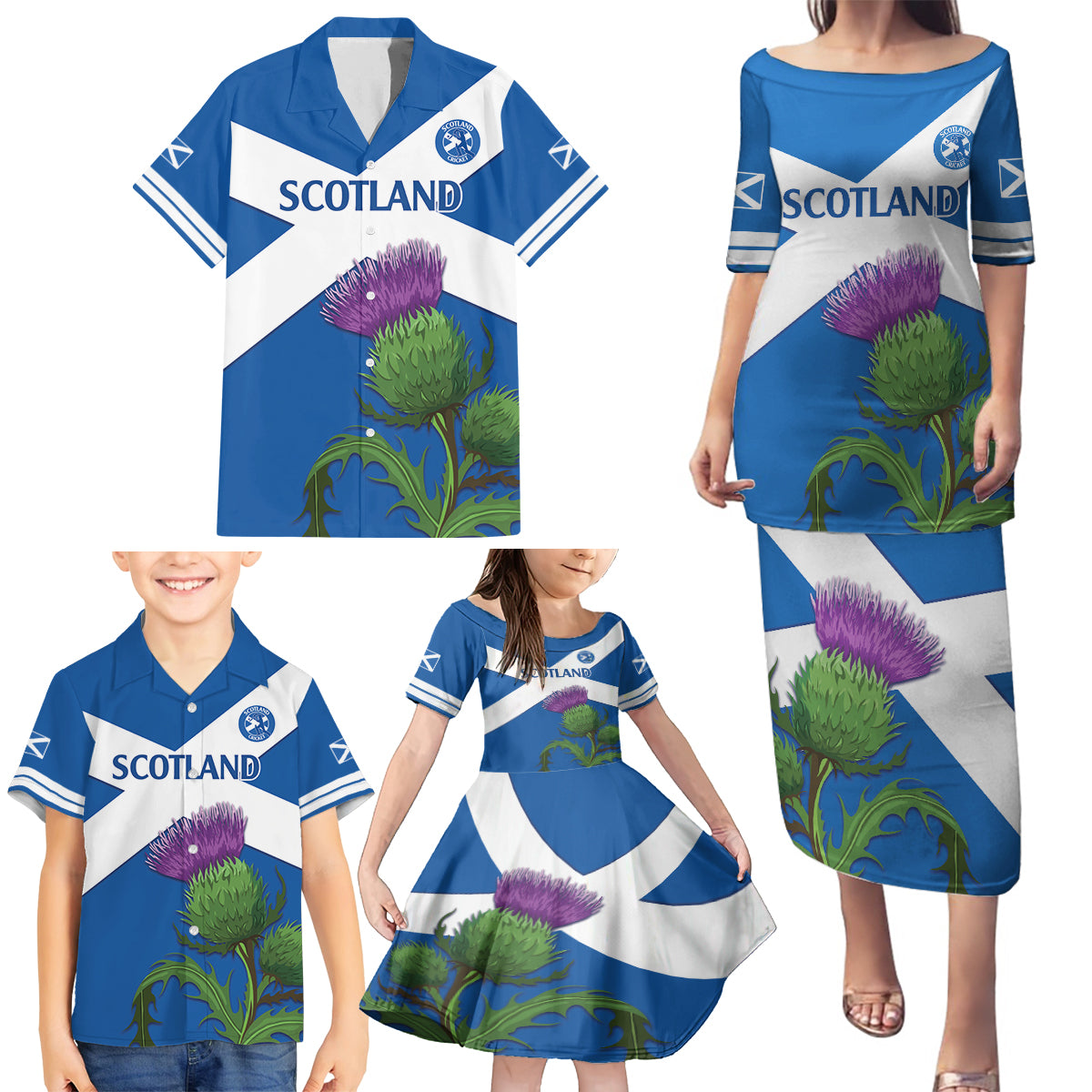 Custom Scotland Cricket Family Matching Puletasi and Hawaiian Shirt 2024 Scottish Thistle Flag Style - Wonder Print Shop