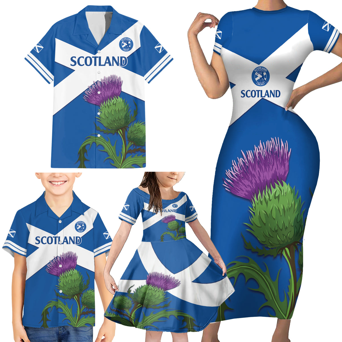 Custom Scotland Cricket Family Matching Short Sleeve Bodycon Dress and Hawaiian Shirt 2024 Scottish Thistle Flag Style - Wonder Print Shop