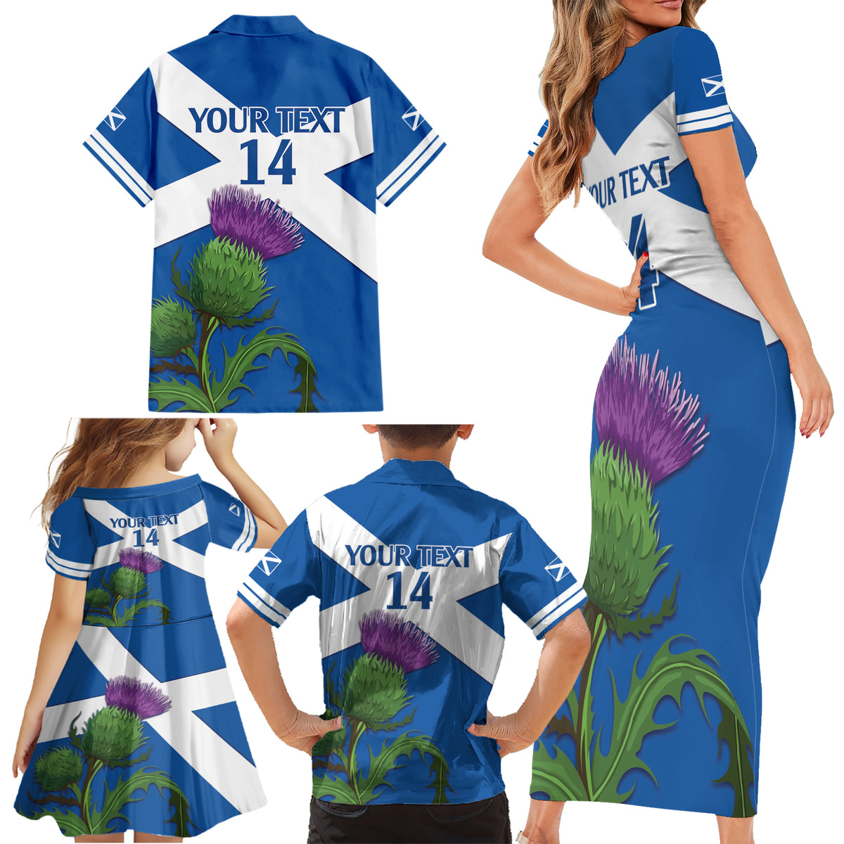 Custom Scotland Cricket Family Matching Short Sleeve Bodycon Dress and Hawaiian Shirt 2024 Scottish Thistle Flag Style - Wonder Print Shop