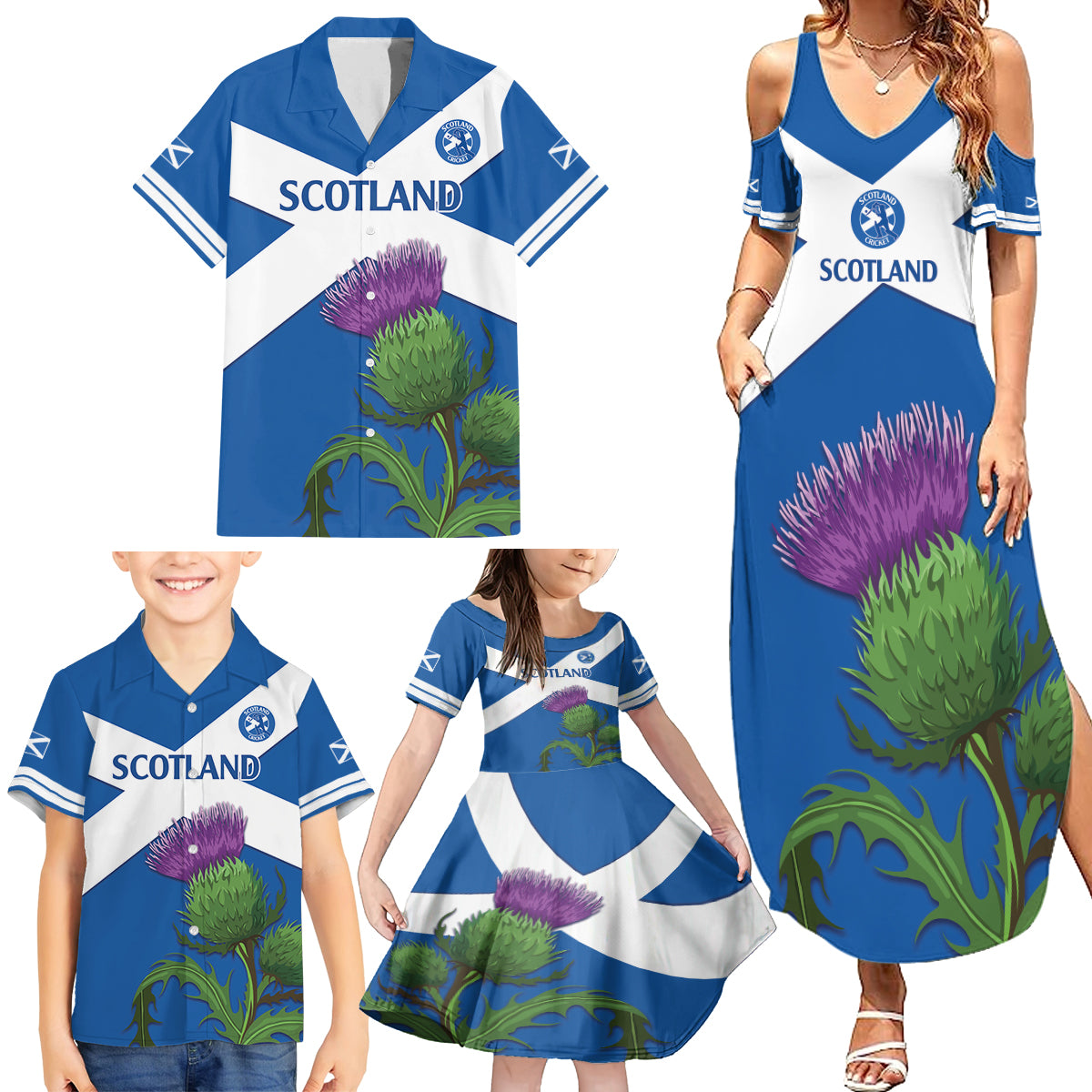 Custom Scotland Cricket Family Matching Summer Maxi Dress and Hawaiian Shirt 2024 Scottish Thistle Flag Style - Wonder Print Shop