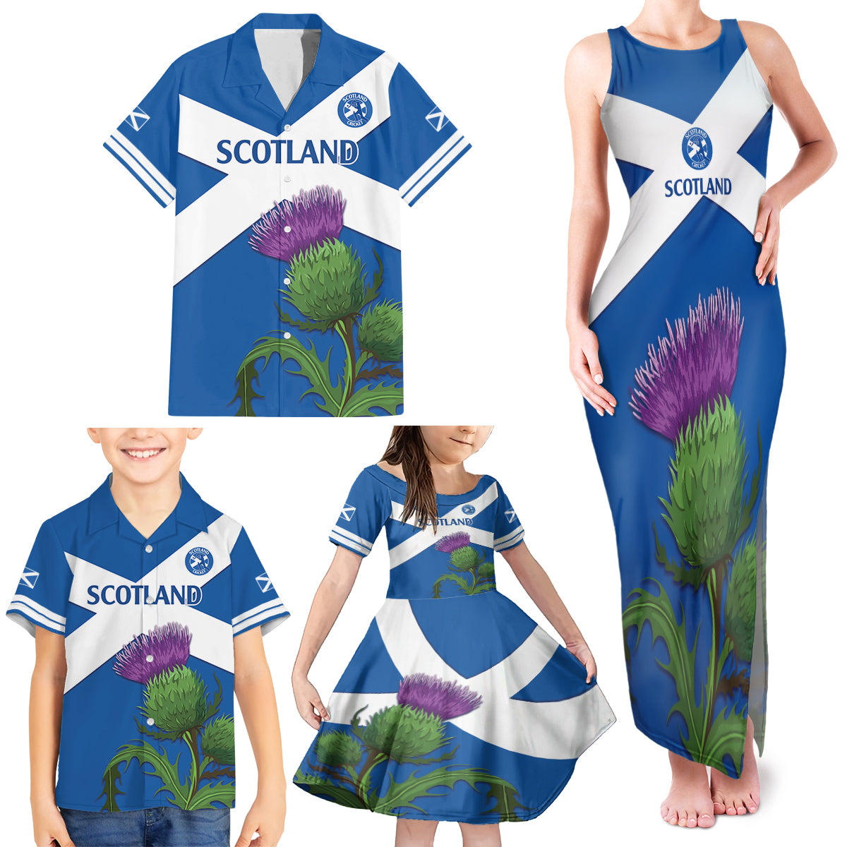 Custom Scotland Cricket Family Matching Tank Maxi Dress and Hawaiian Shirt 2024 Scottish Thistle Flag Style - Wonder Print Shop