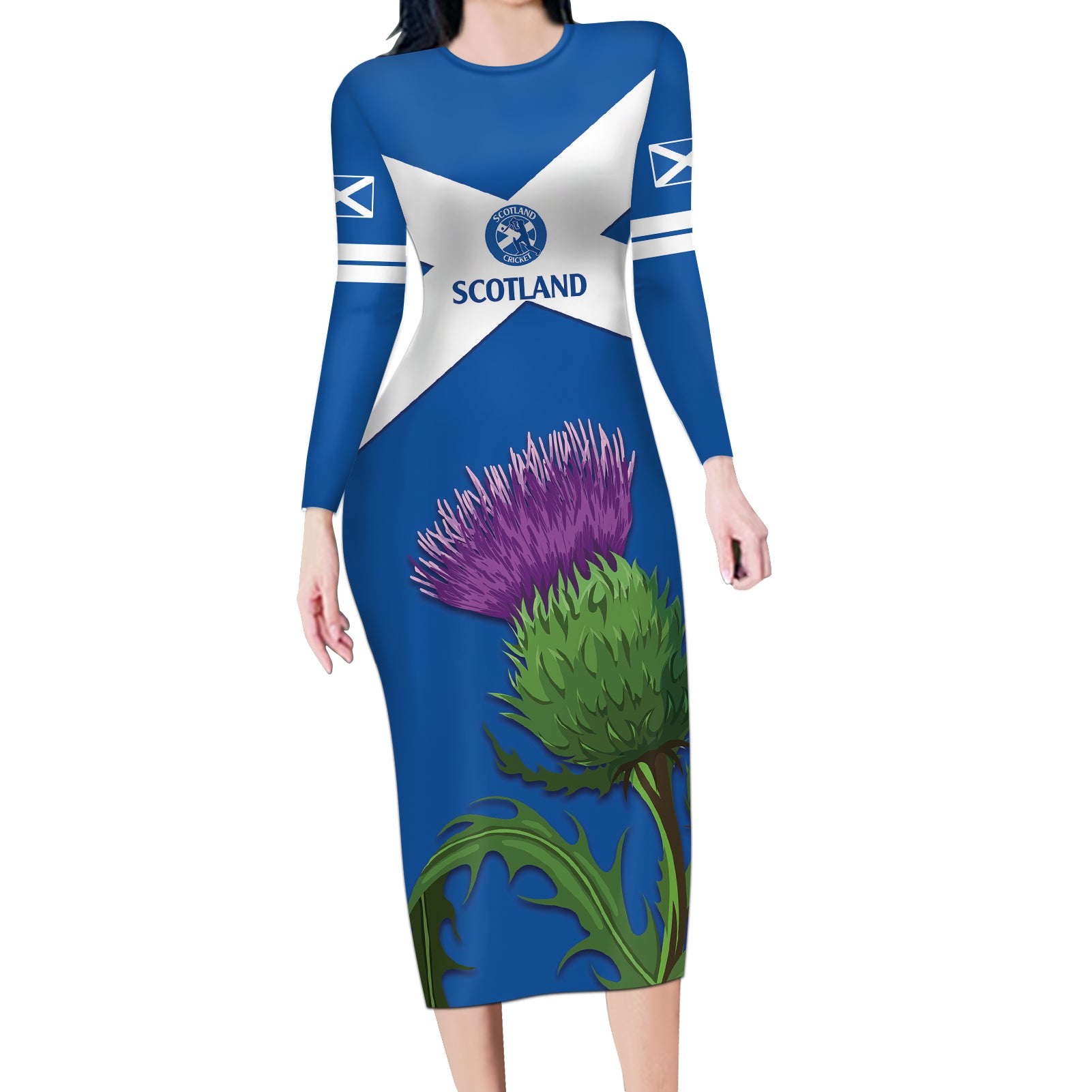 Custom Scotland Cricket Long Sleeve Bodycon Dress 2024 Scottish Thistle Flag Style - Wonder Print Shop
