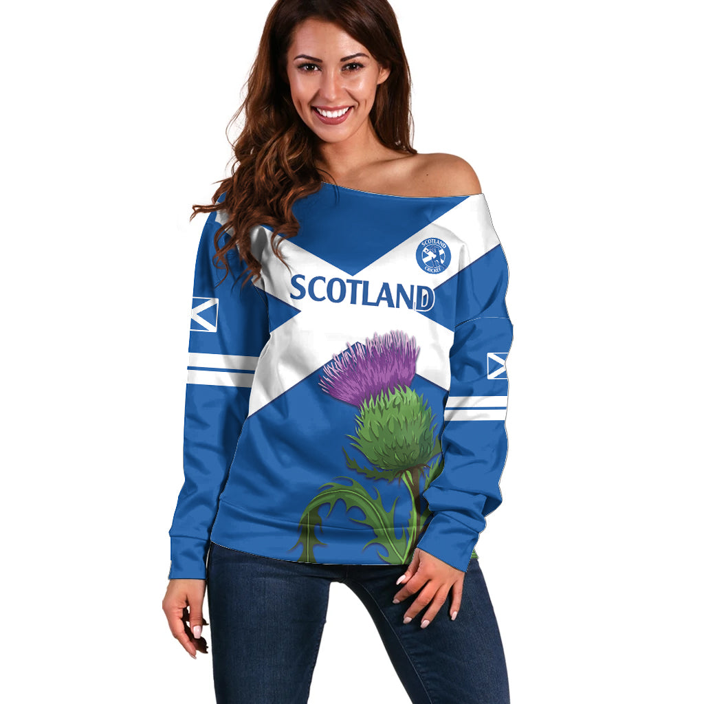 Custom Scotland Cricket Off Shoulder Sweater 2024 Scottish Thistle Flag Style