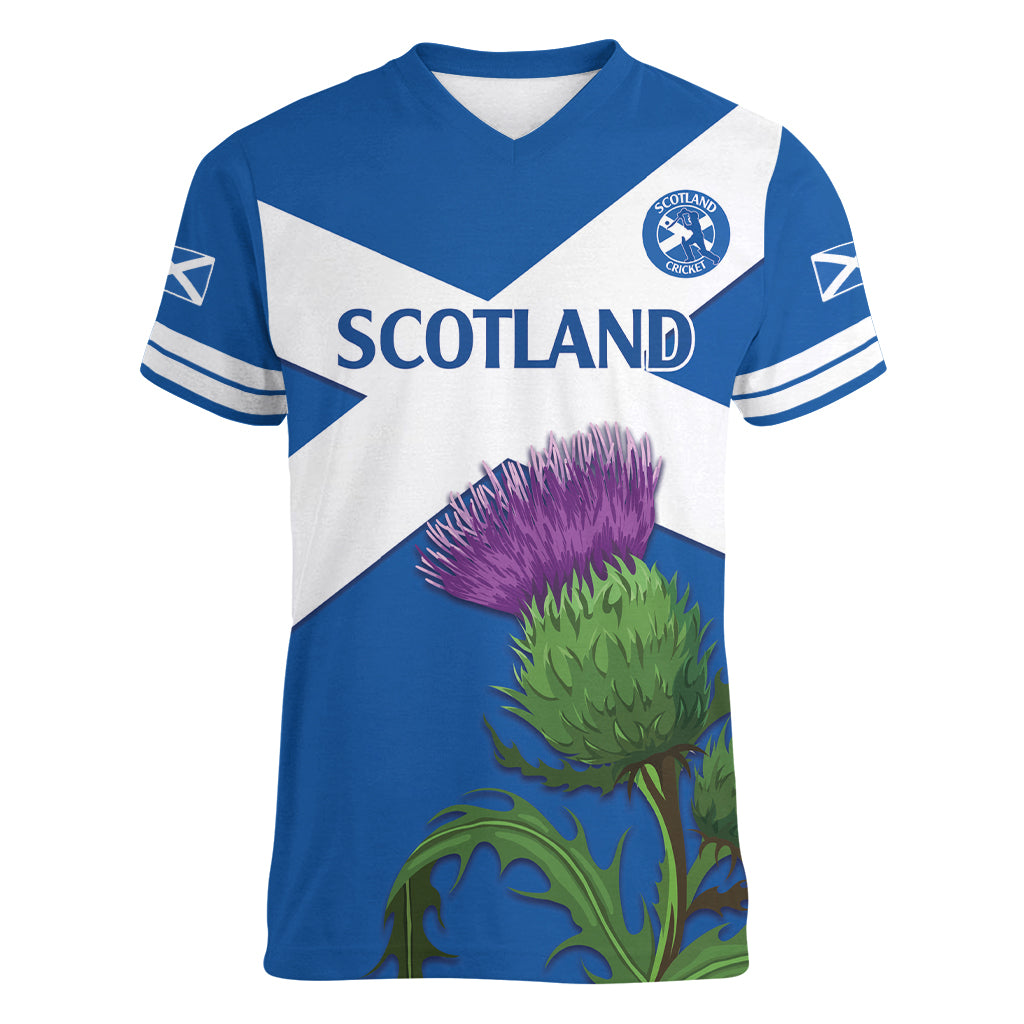 Custom Scotland Cricket Women V-Neck T-Shirt 2024 Scottish Thistle Flag Style - Wonder Print Shop