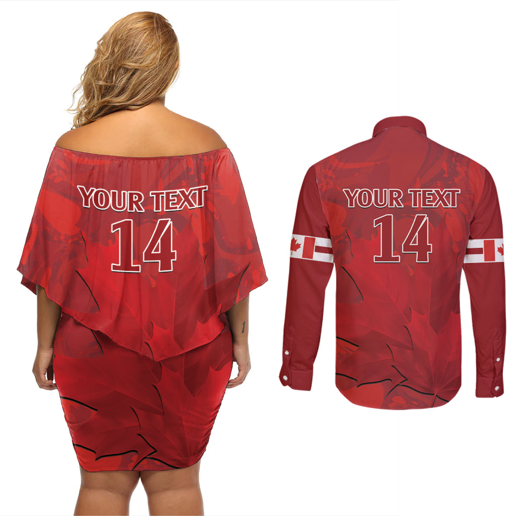 Custom Canada Cricket Couples Matching Off Shoulder Short Dress and Long Sleeve Button Shirt 2024 Maple Leaf Go Champions - Wonder Print Shop