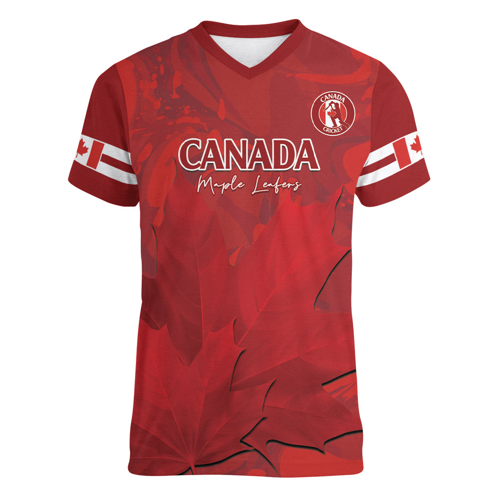 Custom Canada Cricket Women V-Neck T-Shirt 2024 Maple Leaf Go Champions - Wonder Print Shop