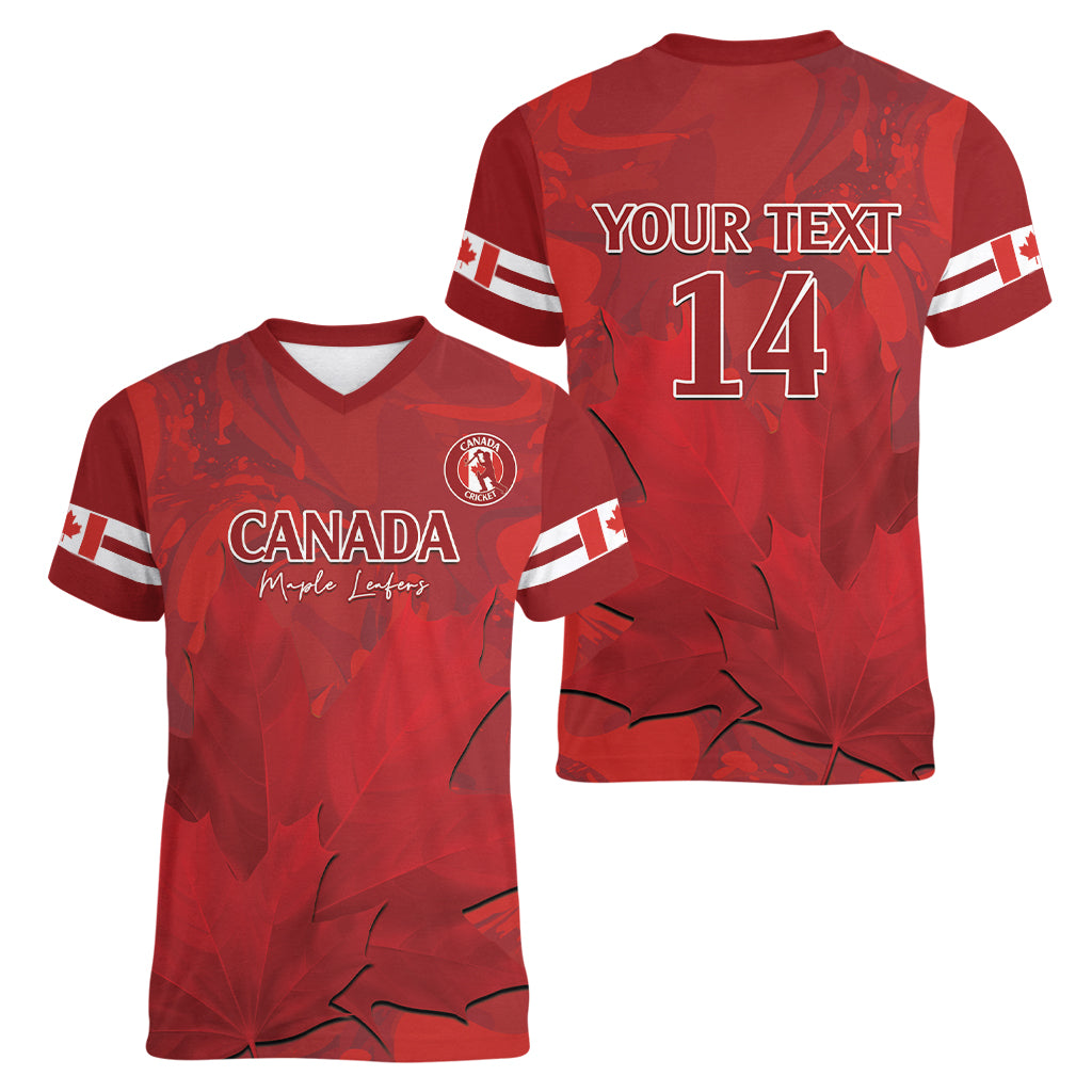 Custom Canada Cricket Women V-Neck T-Shirt 2024 Maple Leaf Go Champions - Wonder Print Shop