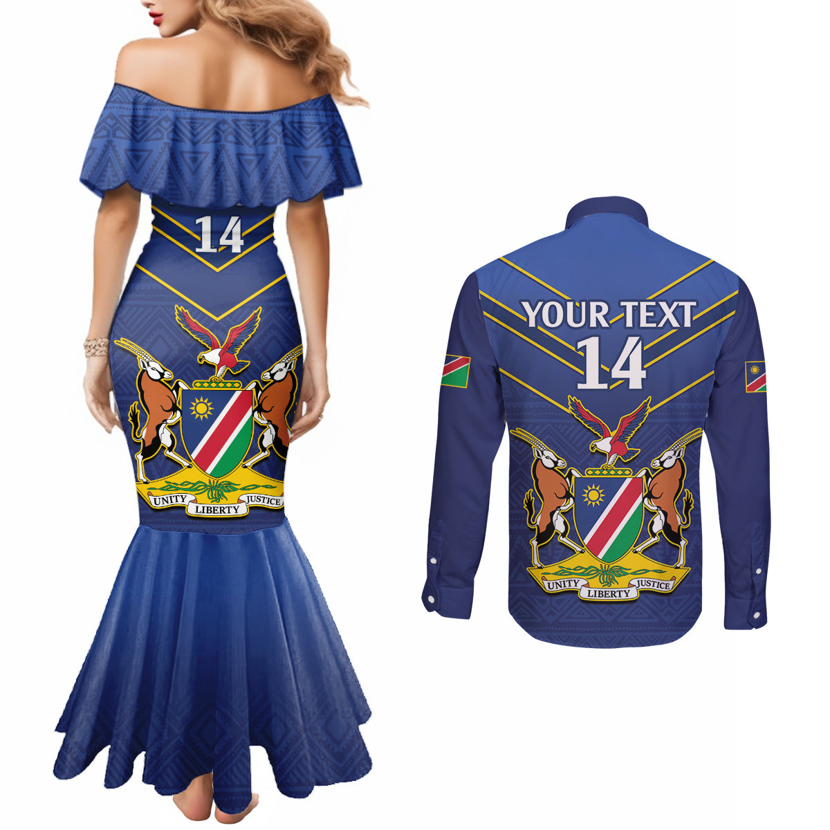 Custom Namibia Cricket Couples Matching Mermaid Dress and Long Sleeve Button Shirt 2024 Go Eagles African Pattern
