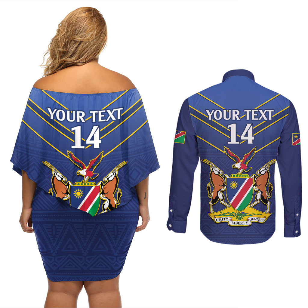 Custom Namibia Cricket Couples Matching Off Shoulder Short Dress and Long Sleeve Button Shirt 2024 Go Eagles African Pattern - Wonder Print Shop