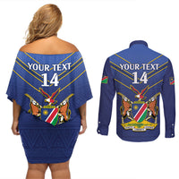 Custom Namibia Cricket Couples Matching Off Shoulder Short Dress and Long Sleeve Button Shirt 2024 Go Eagles African Pattern - Wonder Print Shop